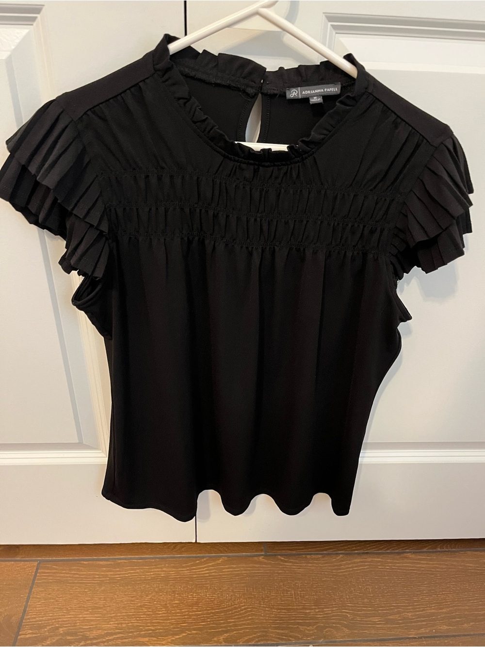 Adrianna Papell Black Ruffle Sleeve Smocked Yoke Top